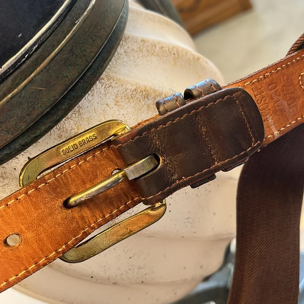 LACOSTE VINTAGE stretch belt kids• brown leather trim solid brass buckle • 30/75